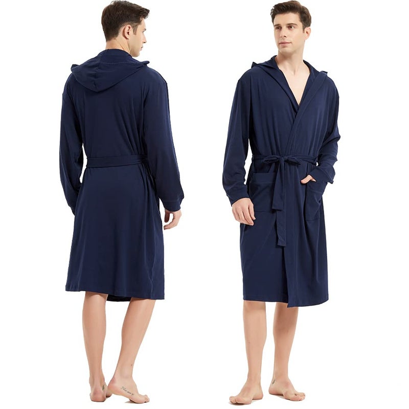HOLOVE Mens Hooded Cotton Robes Soft Lightweight Dressing Gowns with Pockets Plus-size Spa Bathrobe (Blue 2XL/3XL) - Image 3